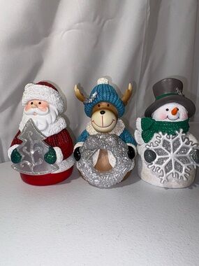 Holiday Figurine Set - Santa, Reindeer, Snowman (Red, Blue, White)